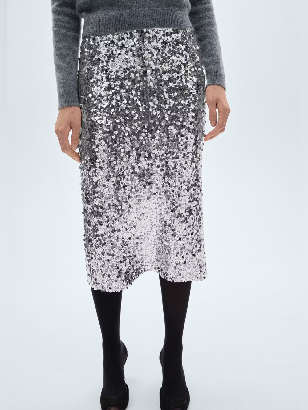 Mango Silver Sequin Midi Skirt NWT